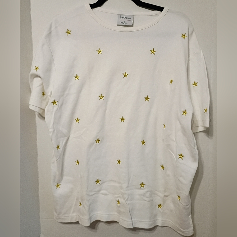 Westbound White Tee with Gold Star Embroidery